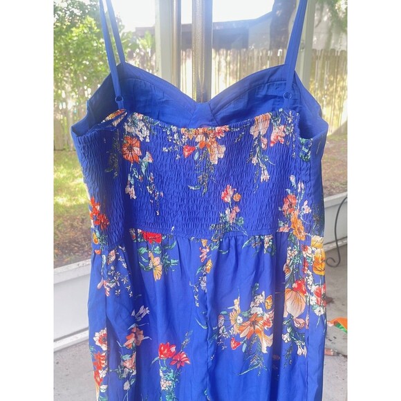 Size Large Band Of Gypsies Jumpsuit Blue Floral Wide Leg Pockets Smocked Back - Picture 5 of 7